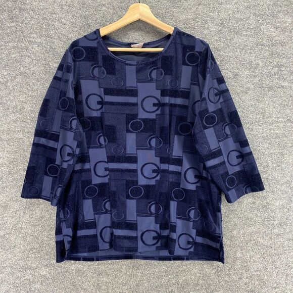 Chico's Blouse Women M Medium Blue Geometric Round Neck Lined 3/4 Sleeve Velvet - Picture 1 of 9